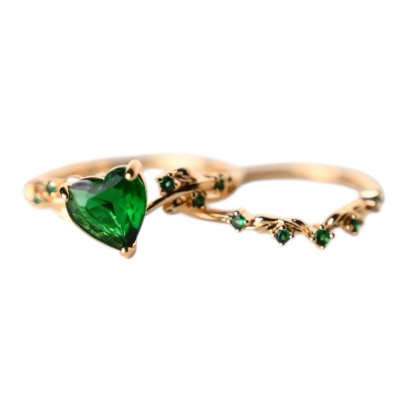2 - teiliger geflochtener Stacking - Ring mit grünem Herz - CrystalScents