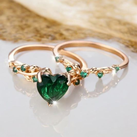2 - teiliger geflochtener Stacking - Ring mit grünem Herz - CrystalScents