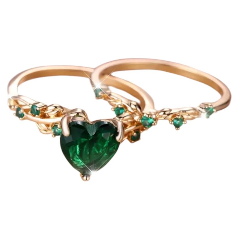 2 - teiliger geflochtener Stacking - Ring mit grünem Herz - CrystalScents