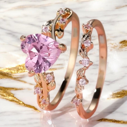 2 - teiliger geflochtener Stacking - Ring mit rosa Herz - CrystalScents