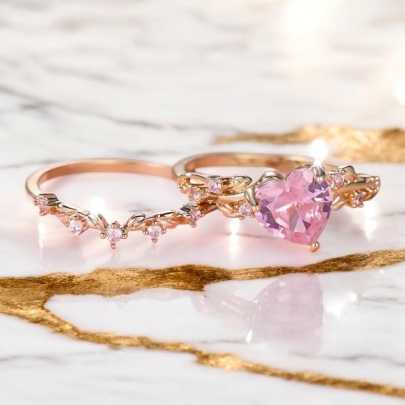 2 - teiliger geflochtener Stacking - Ring mit rosa Herz - CrystalScents