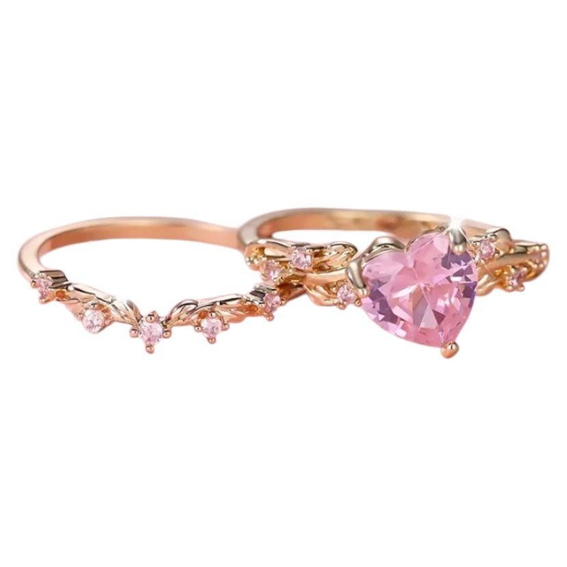 2 - teiliger geflochtener Stacking - Ring mit rosa Herz - CrystalScents