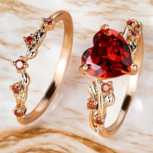 2 - teiliger geflochtener Stacking - Ring mit rotem Herz - CrystalScents