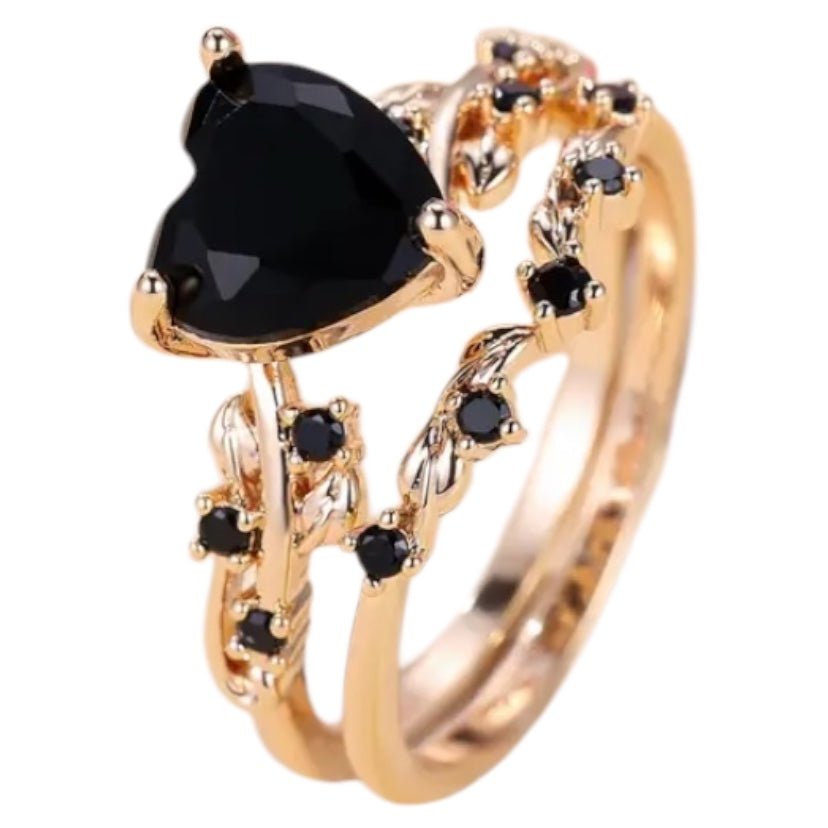 2 - teiliger geflochtener Stacking - Ring mit schwarzem Herz - CrystalScents