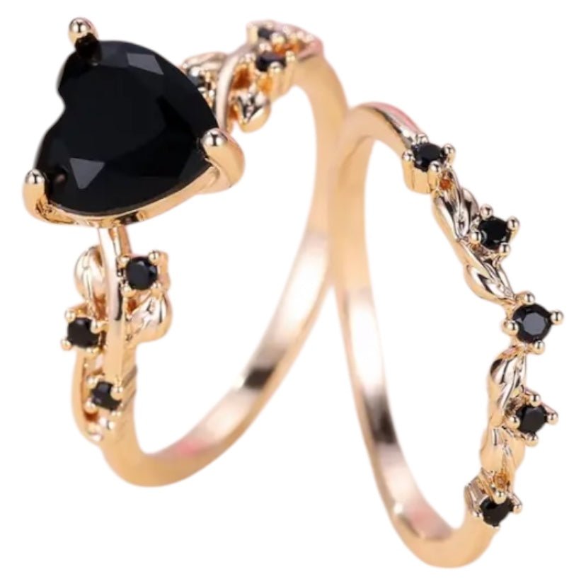 2 - teiliger geflochtener Stacking - Ring mit schwarzem Herz - CrystalScents