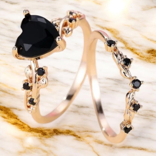 2 - teiliger geflochtener Stacking - Ring mit schwarzem Herz - CrystalScents