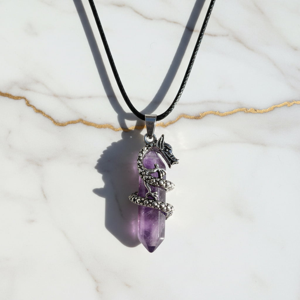 Amethyst Halskette – Doppelender mit Drachenmotiv CrystalScents