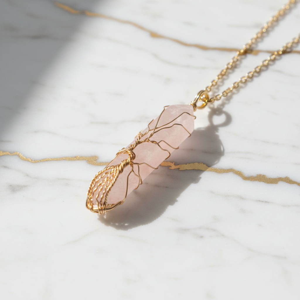 Rosenquarz Halskette - Goldverzierter Doppelender CrystalScents