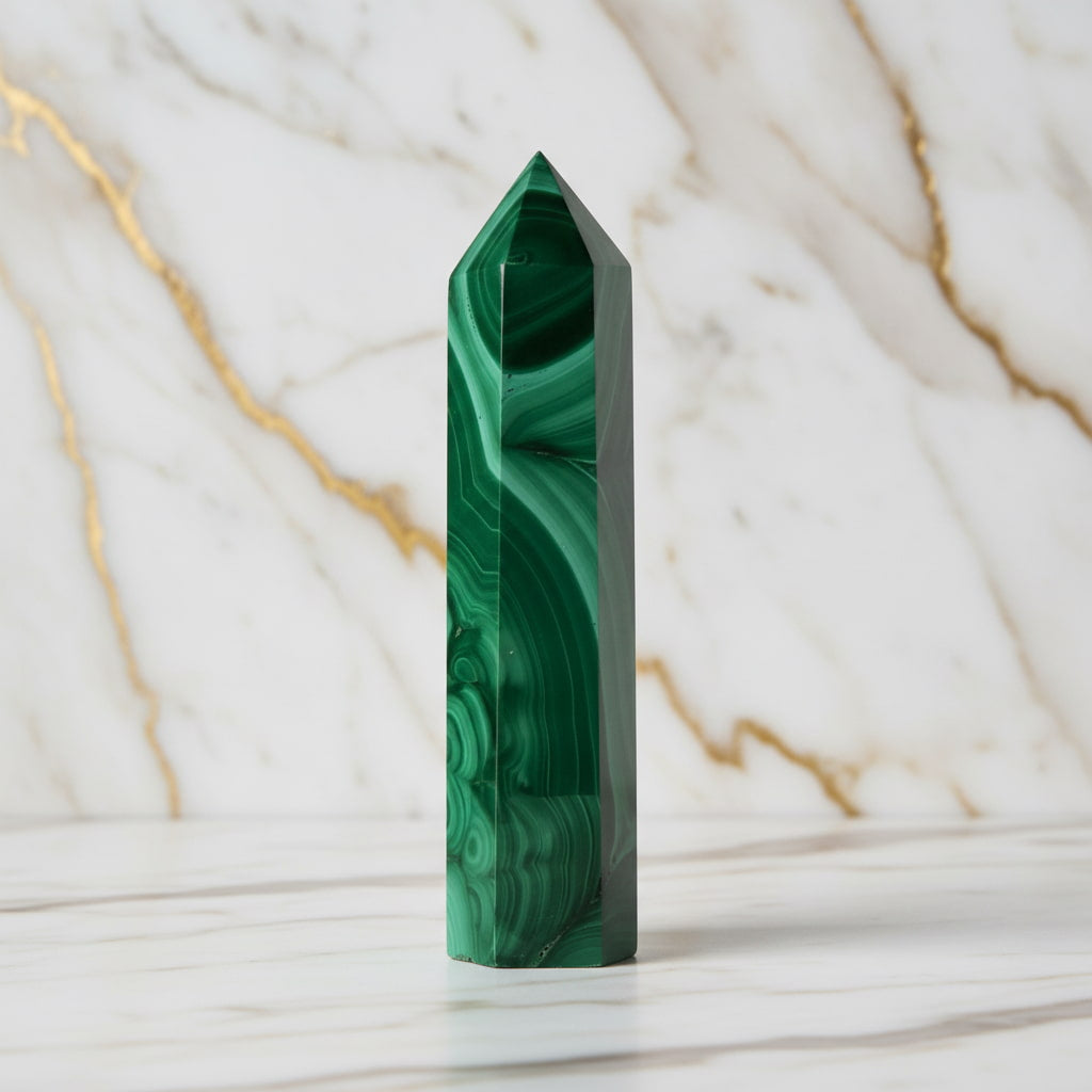 Malachit Obelisk – Kraftstein in tiefem Grün CrystalScents