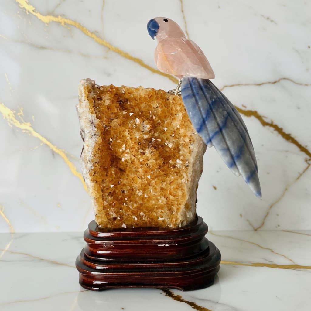 Citrin Druse mit Rosenquarz Vogel