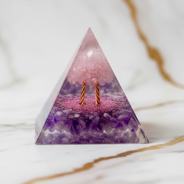 Orgonit Pyramide – Kirschblütenzauber mit Amethyst & Rosenquarz CrystalScents