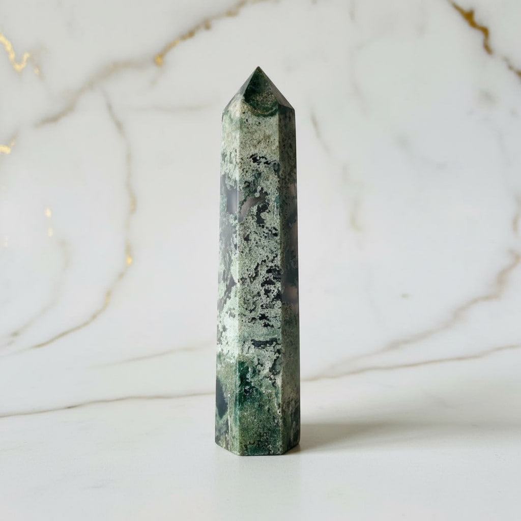 Moosachat Obelisk – Grünes Kristallhighlight