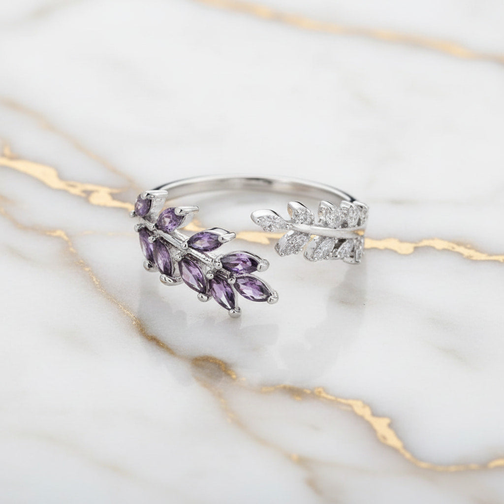 Ring Silber mit offenem Blatt-Design - Lila CrystalScents