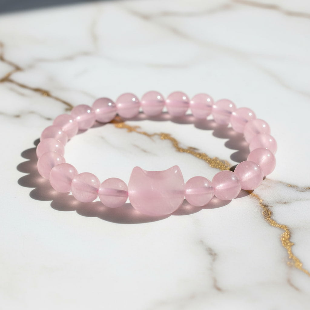 Rosenquarz Kugelarmband - Katze