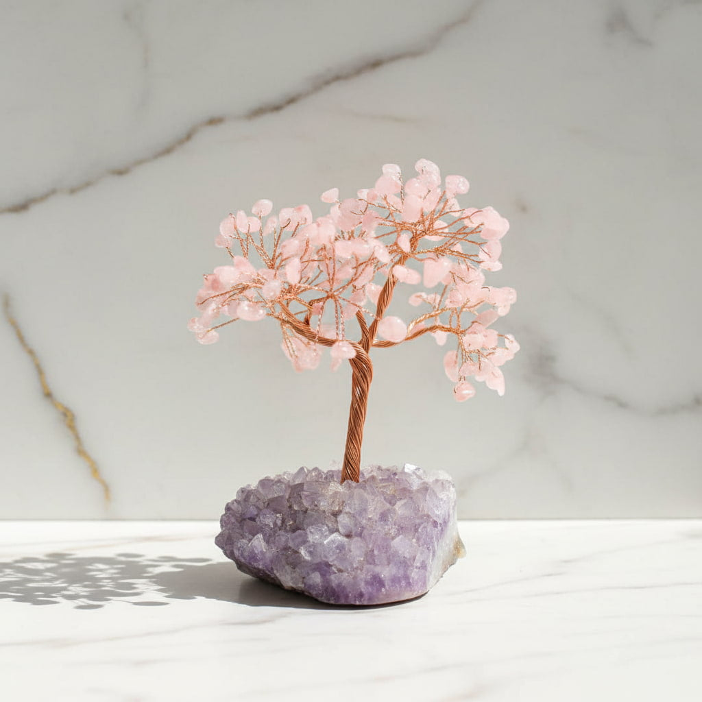 Rosenquarz Baum auf Amethystdruse – Liebe & Harmonie CrystalScents