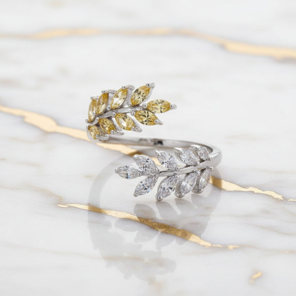 Ring Silber mit offenem Blatt-Design in Champagner CrystalScents