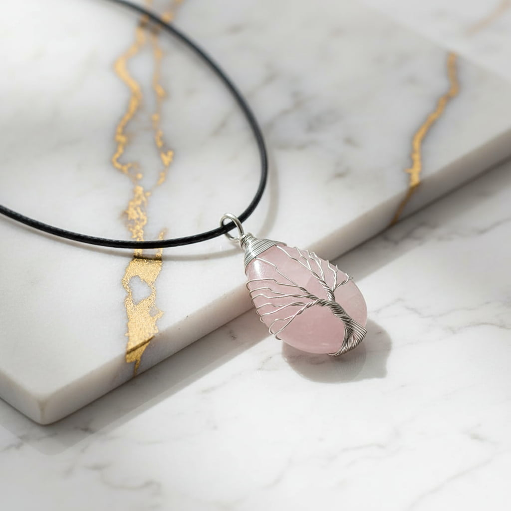 Rosenquarz Halskette - Silbern verziert CrystalScents