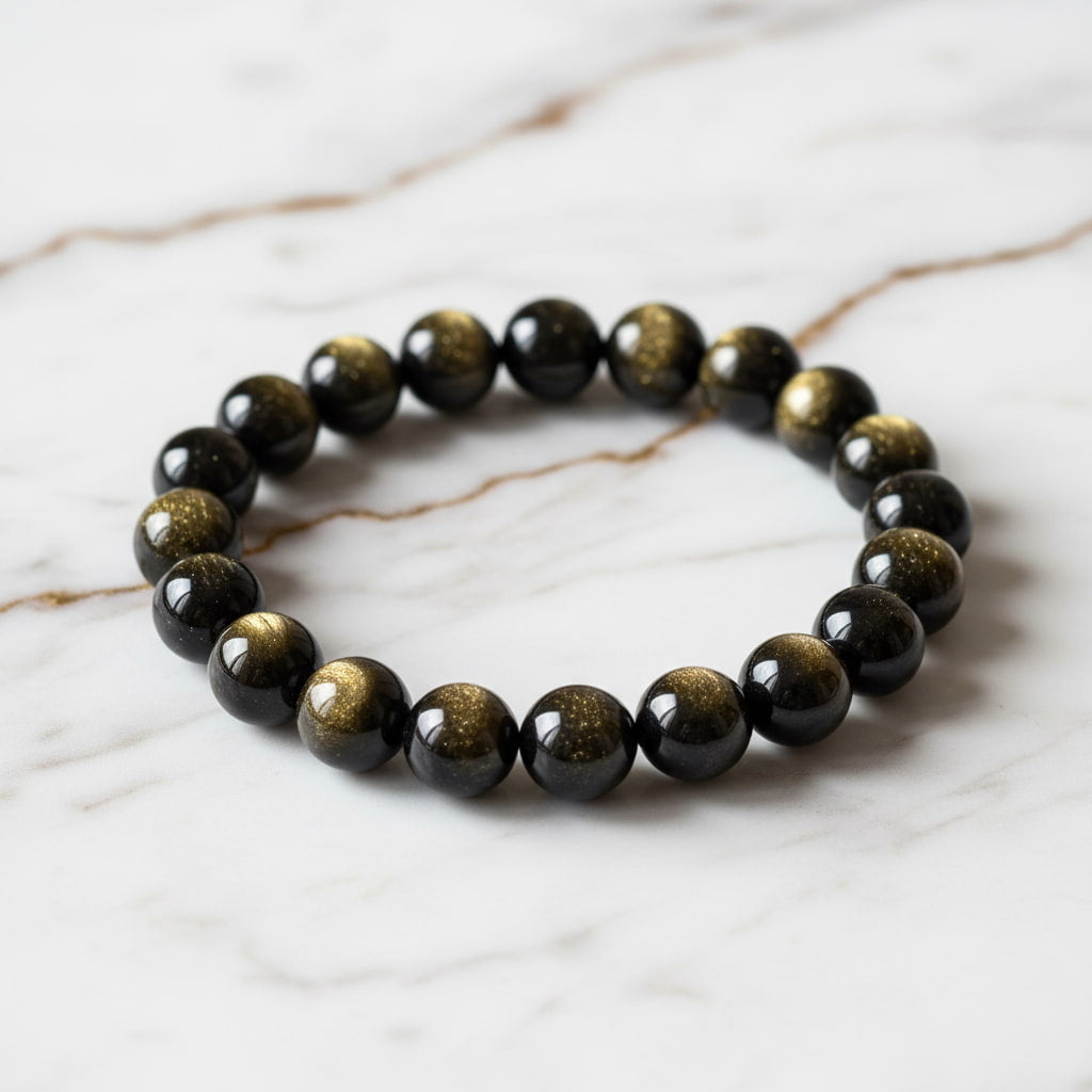 Gold-Obsidian Kugelarmband – Schwarz mit goldenem Schimmer