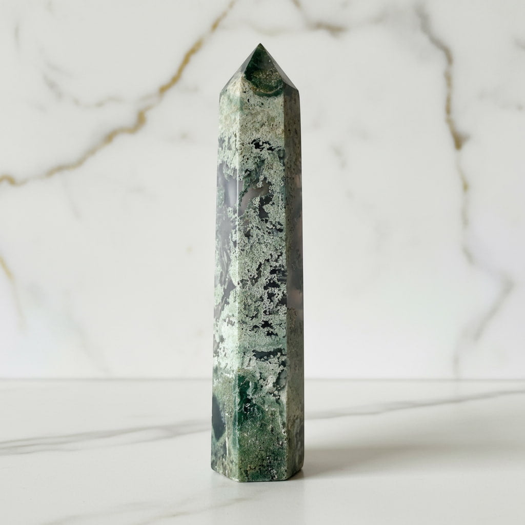 Moosachat Obelisk – Grünes Kristallhighlight