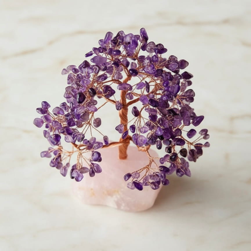 Amethyst Baum auf Rosenquarzrohstein – Harmonie & Balance CrystalScents