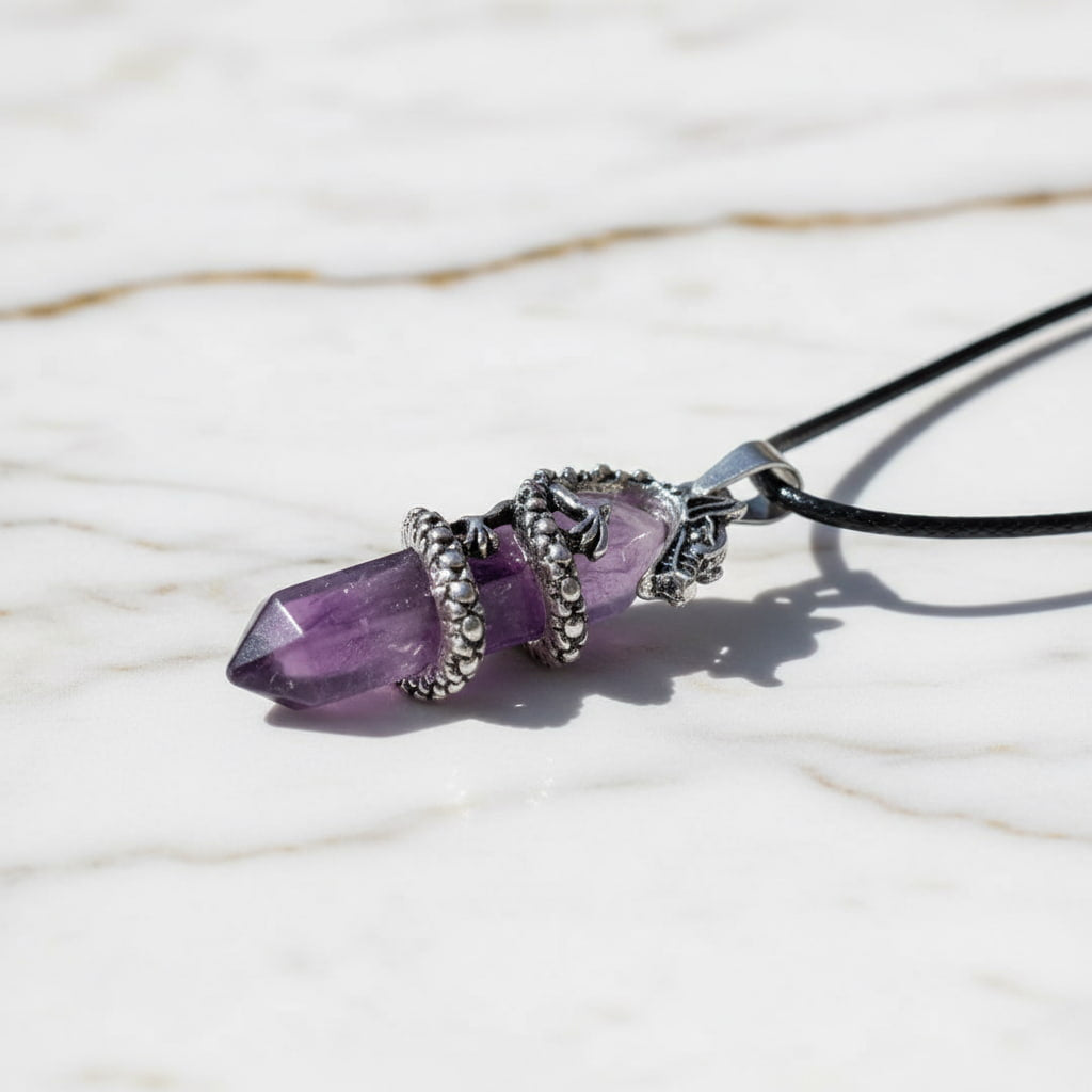 Amethyst Halskette – Doppelender mit Drachenmotiv CrystalScents
