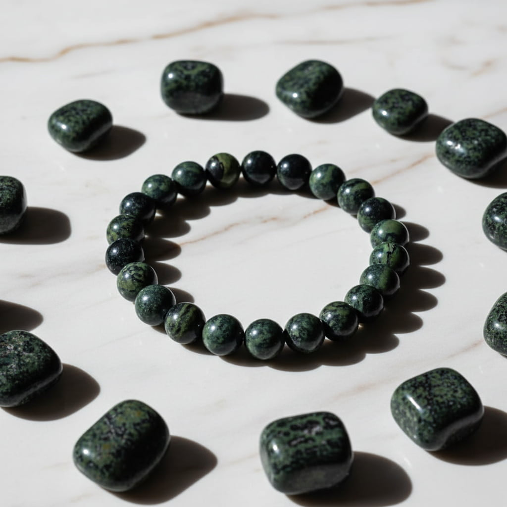 Kambaba Kugelarmband – Natursteinarmband in Grün & Schwarz CrystalScents