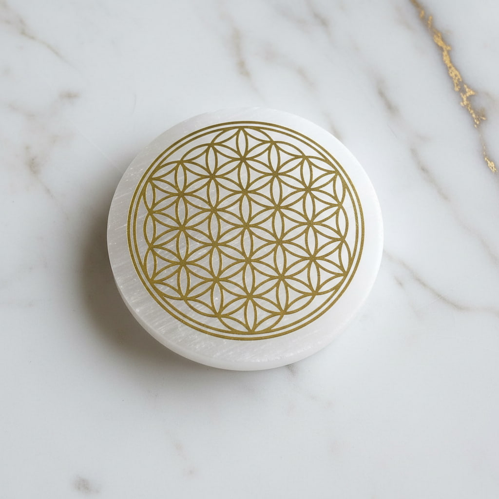 Selenit Scheibe - Goldene Lebensblume