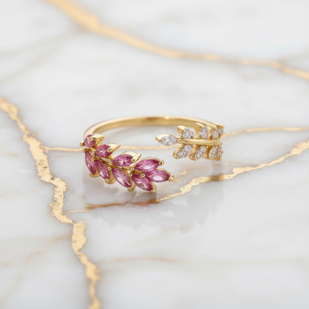 Ring mit Blatt-Design in Rot – Offene Form CrystalScents