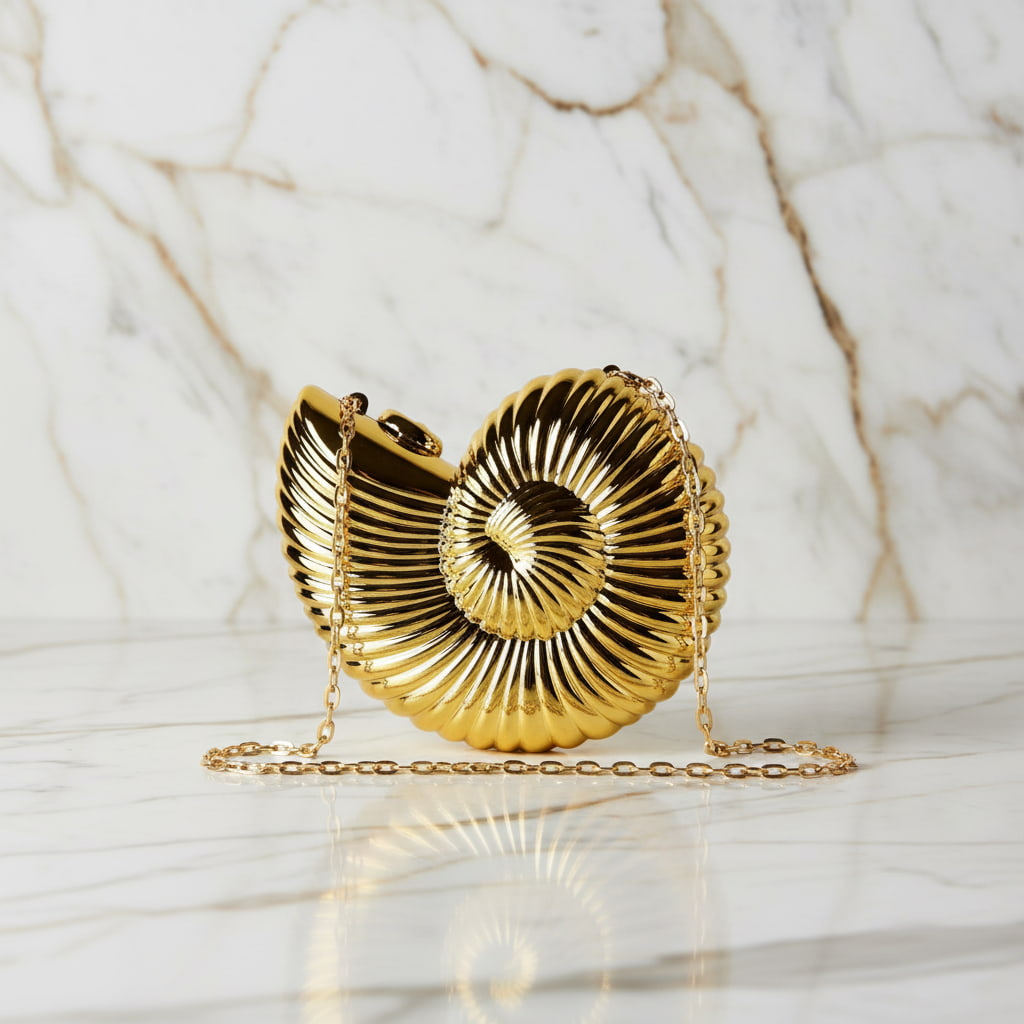 Clutch Muschel in Gold – Statement-Accessoire CrystalScents