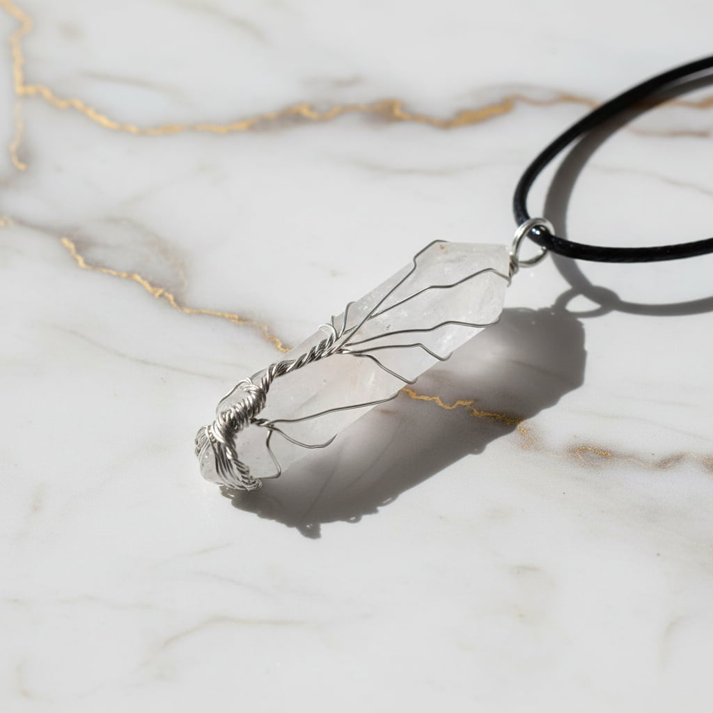 Bergkristall Halskette - Silberverzierter Doppelender