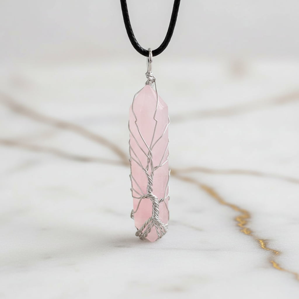 Rosenquarz Halskette - Silberverzierter Doppelender CrystalScents