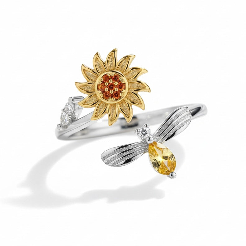 Ring offen Silber mit drehbarer Blume & Biene CrystalScents