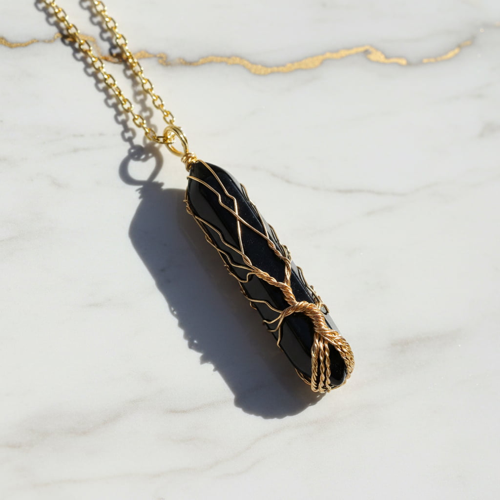 Obsidian Halskette - Goldverzierter Doppelender CrystalScents