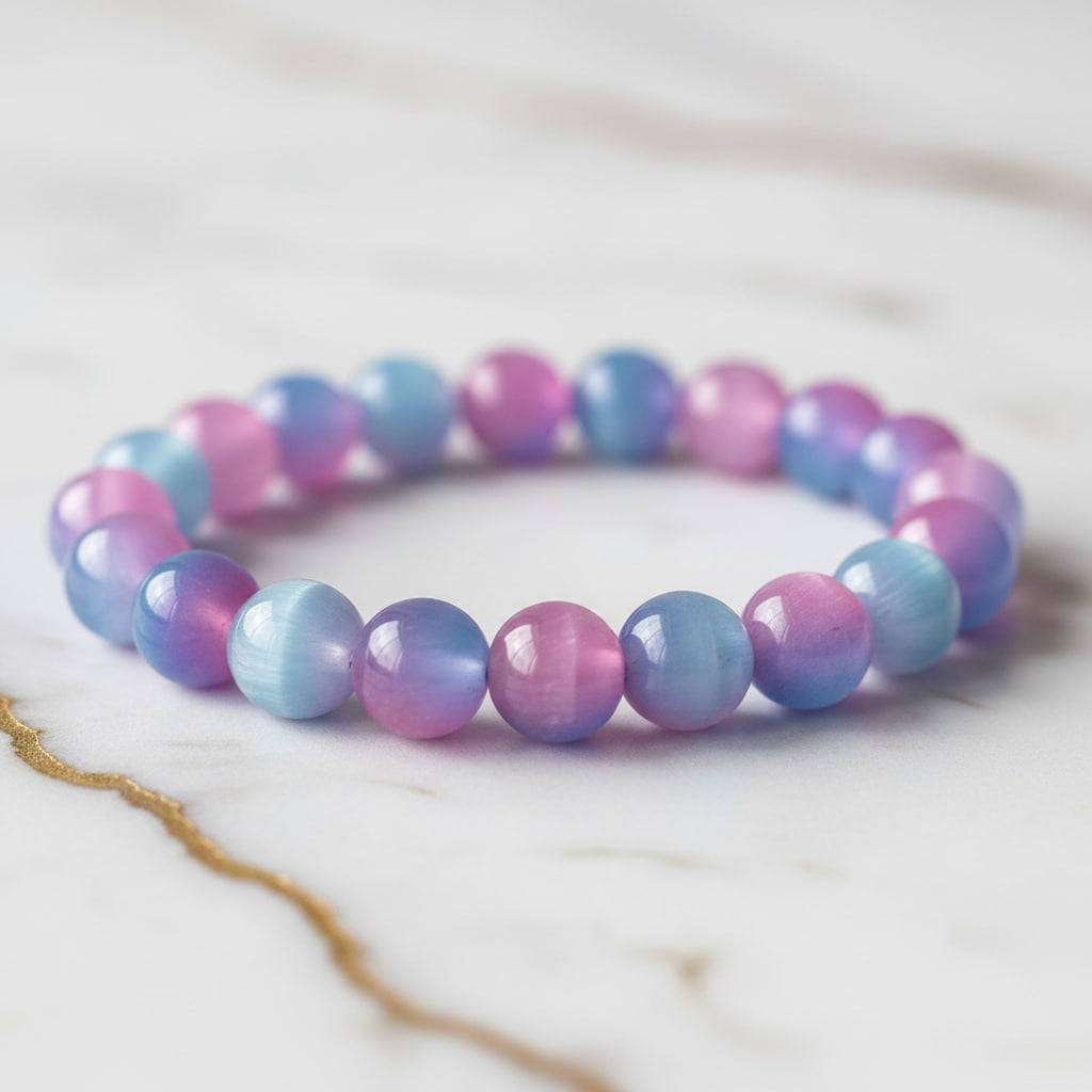Katzenauge Kugelarmband – Rosa-Blau in schimmerndem Farbspiel