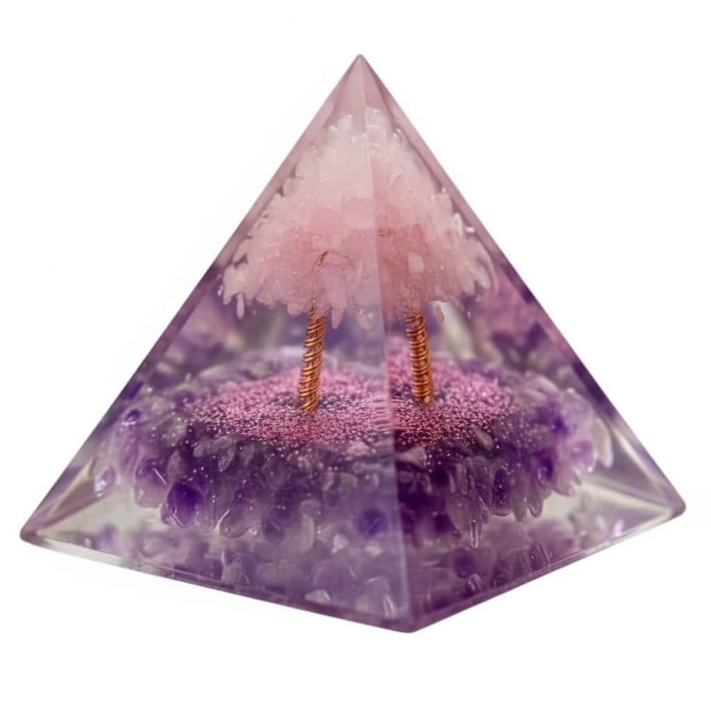 Orgonit Pyramide – Kirschblütenzauber mit Amethyst & Rosenquarz CrystalScents