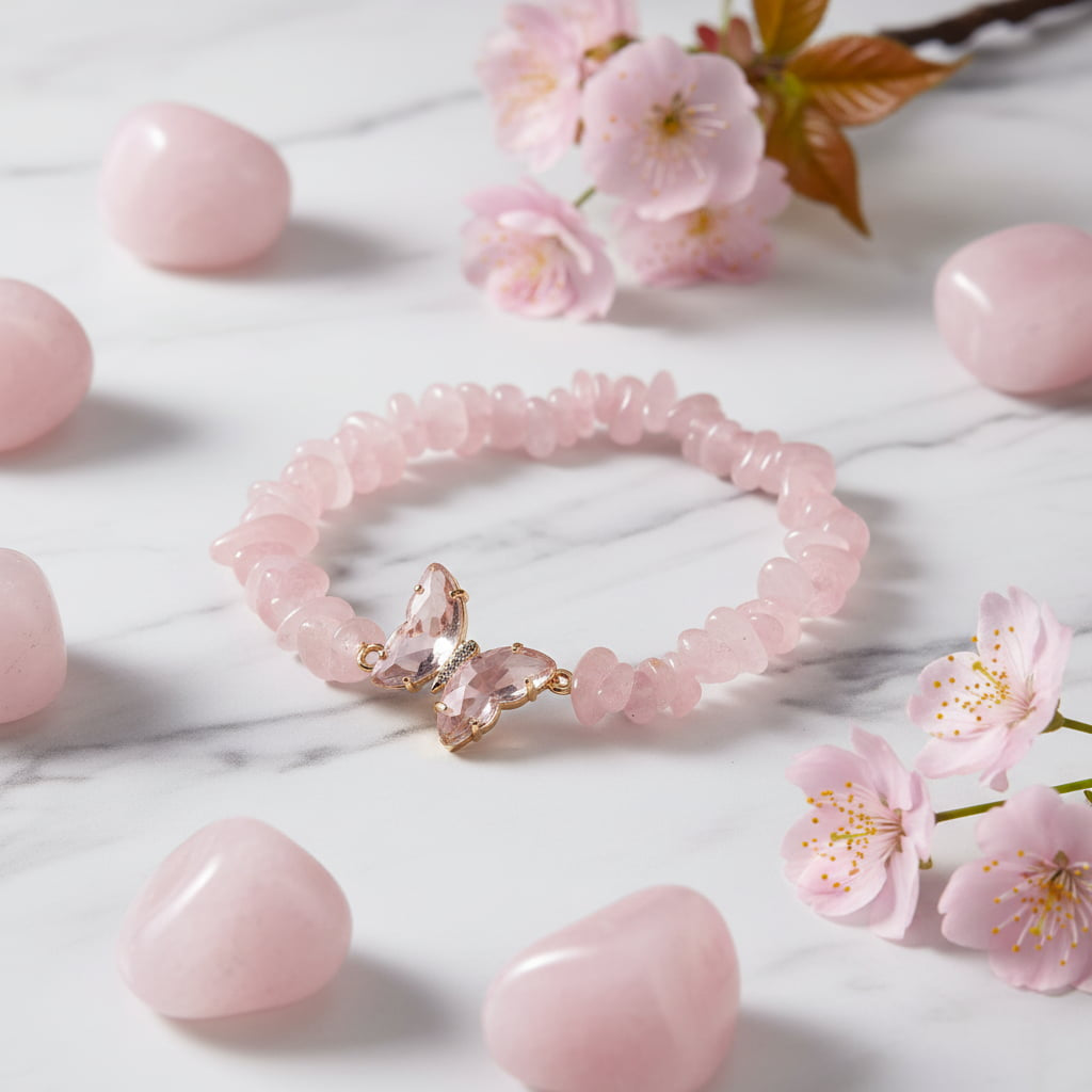 Rosenquarz Splitter Armband - Schmetterling