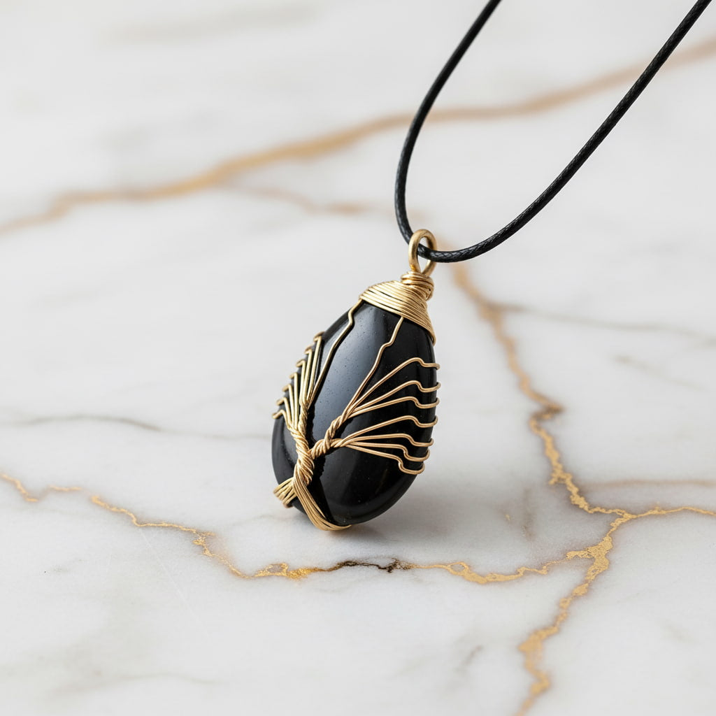 Obsidian Halskette – Tropfenform mit Goldverzierung