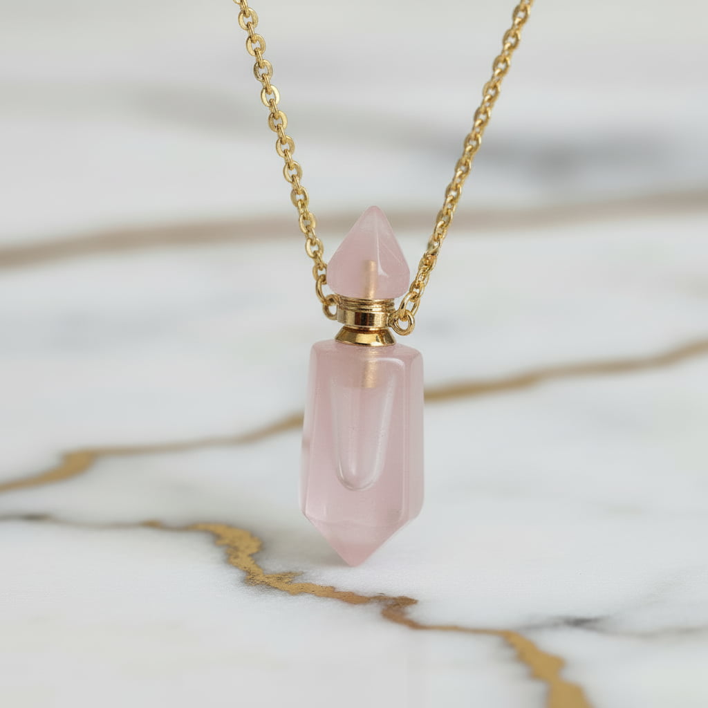 Rosenquarz Halskette - Parfümfläschchen CrystalScents