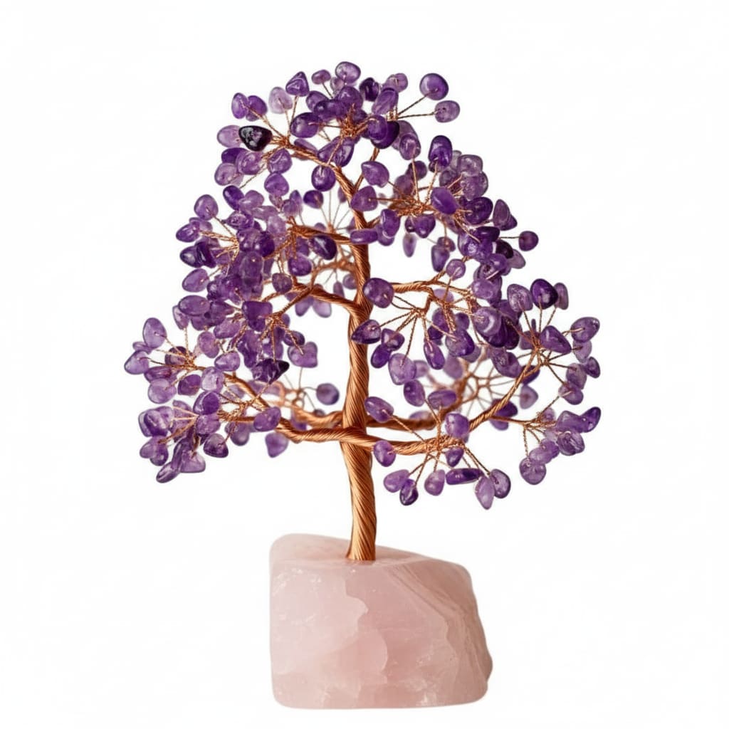 Amethyst Baum auf Rosenquarzrohstein – Harmonie & Balance CrystalScents