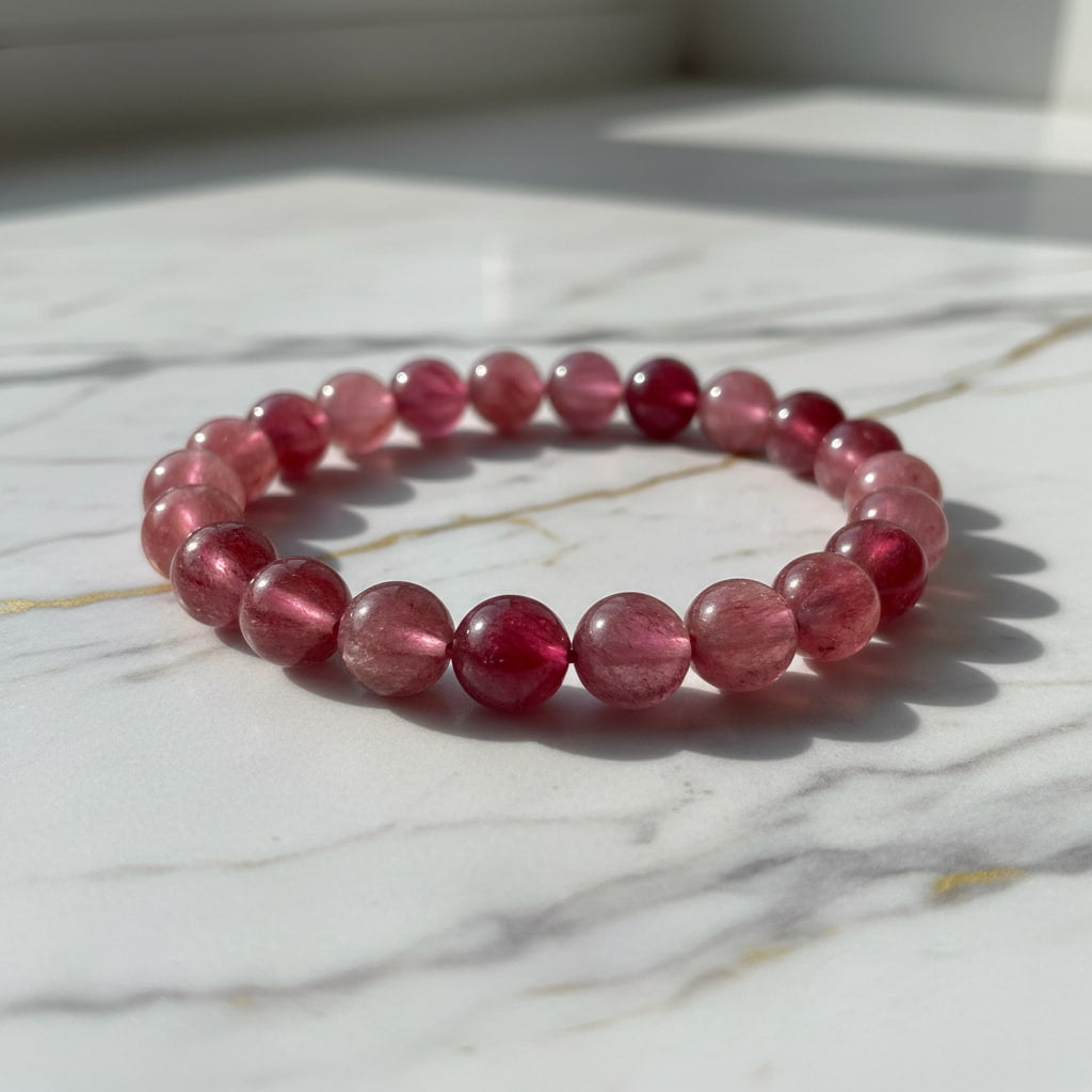 Erdbeerquarz Kugelarmband – Optimismus & Freude CrystalScents