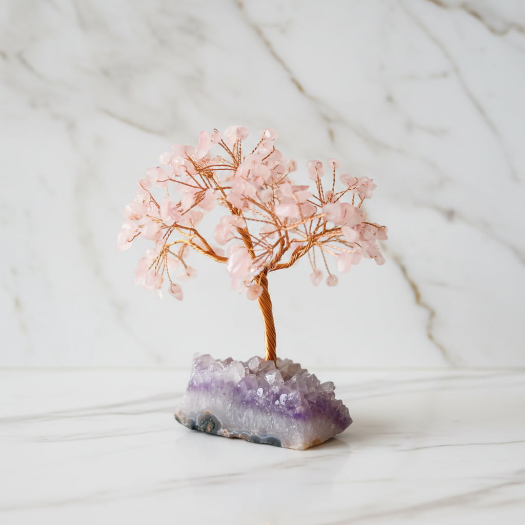 Rosenquarz Baum auf Amethystdruse – Liebe & Harmonie CrystalScents