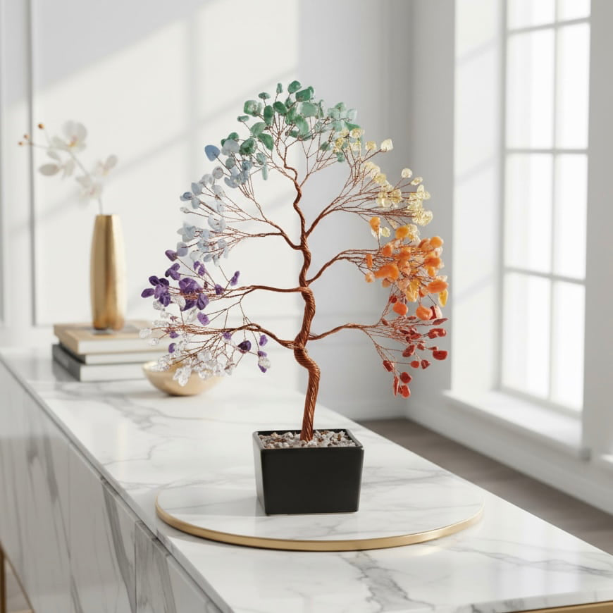 Chakra Baum – Schwarze Keramik mit Edelsteinen CrystalScents