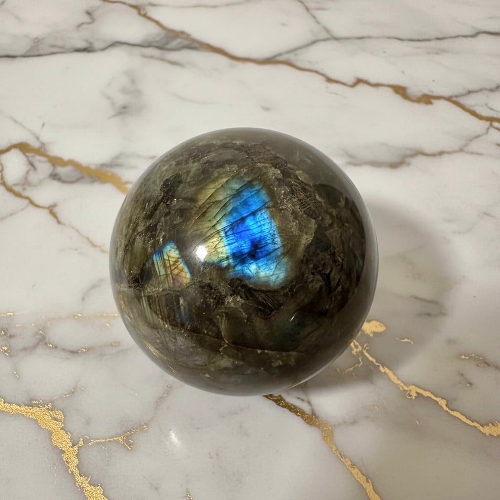 Labradorit Kugel – Magisches Farbspiel in Blau und Grün CrystalScents