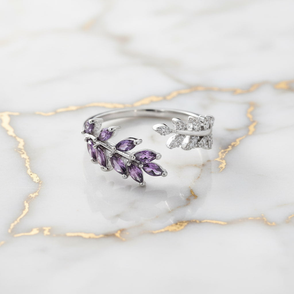 Ring Silber mit offenem Blatt-Design - Lila CrystalScents