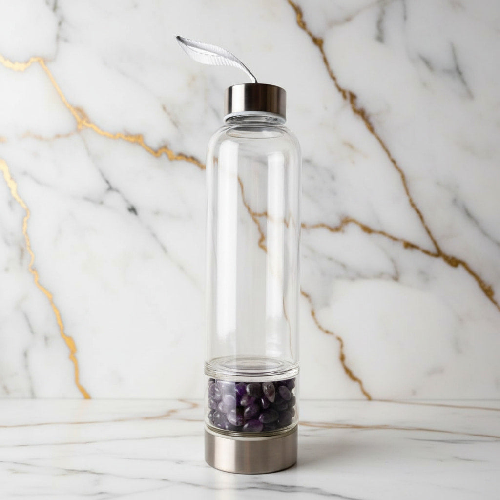 Amethyst Trinkflasche Silber – Kristallenergie für unterwegs CrystalScents