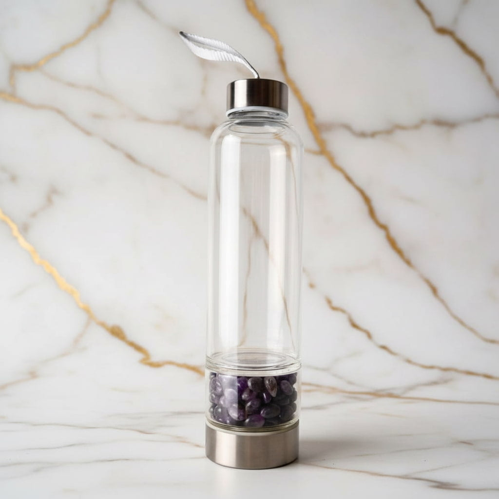 Amethyst Trinkflasche Silber – Kristallenergie für unterwegs CrystalScents
