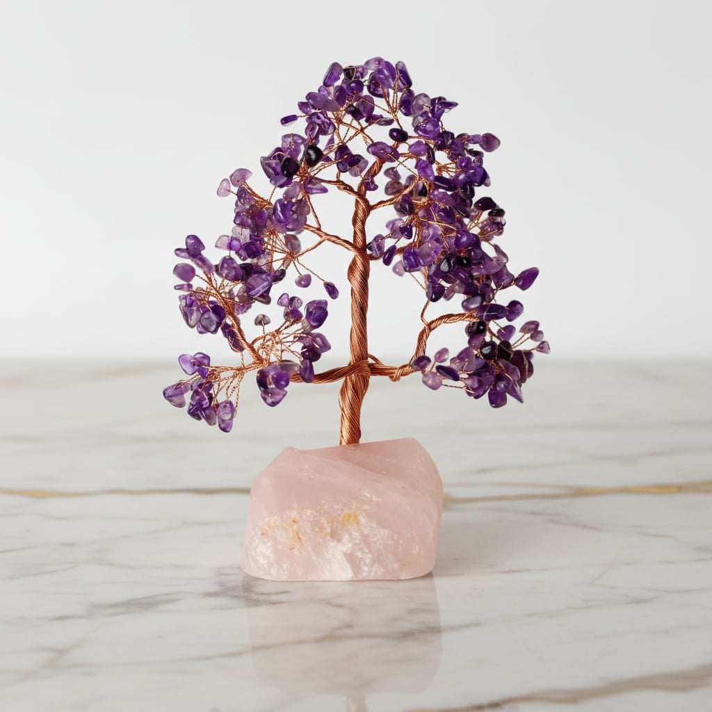 Amethyst Baum auf Rosenquarzrohstein – Harmonie & Balance CrystalScents