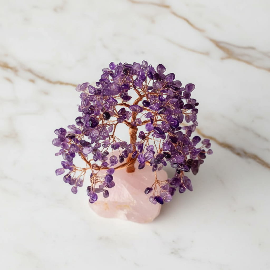 Amethyst Baum auf Rosenquarzrohstein – Harmonie & Balance CrystalScents