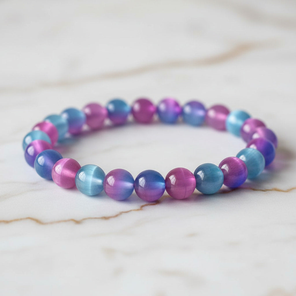 Katzenauge Kugelarmband – Rosa-Blau in schimmerndem Farbspiel