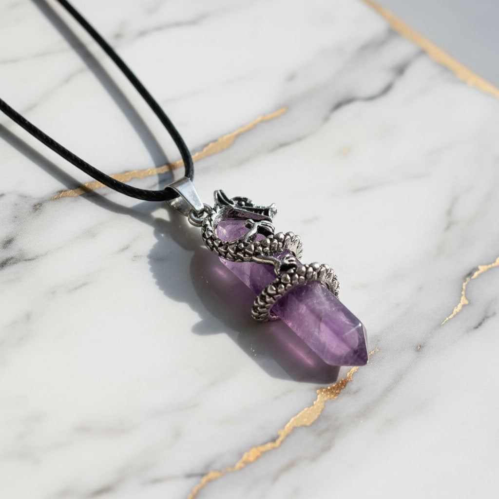 Amethyst Halskette – Doppelender mit Drachenmotiv CrystalScents
